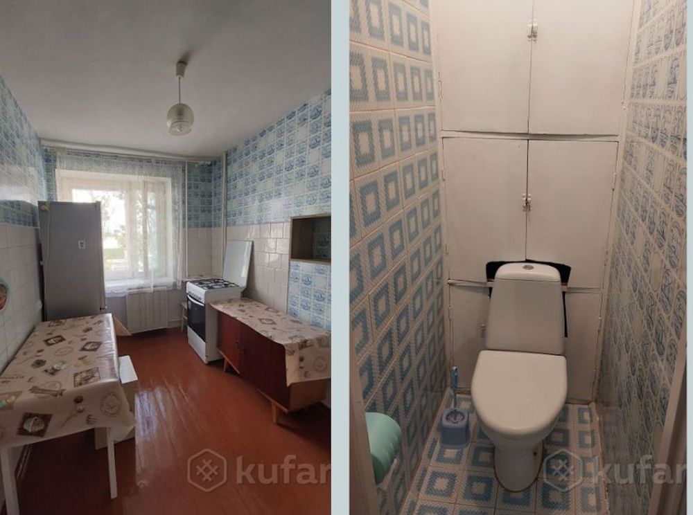 Интерьер кухни и туалета в двухкомнатных квартирах в Бресте с ценой аренды в районе $200 в месяц.