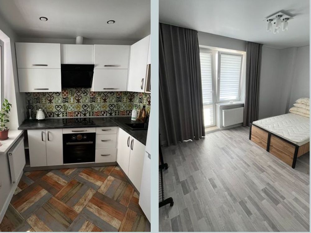 Интерьер кухни и спальни в двухкомнатной квартире в Бресте по ул. Гоголя с ценой аренды $470 в месяц.