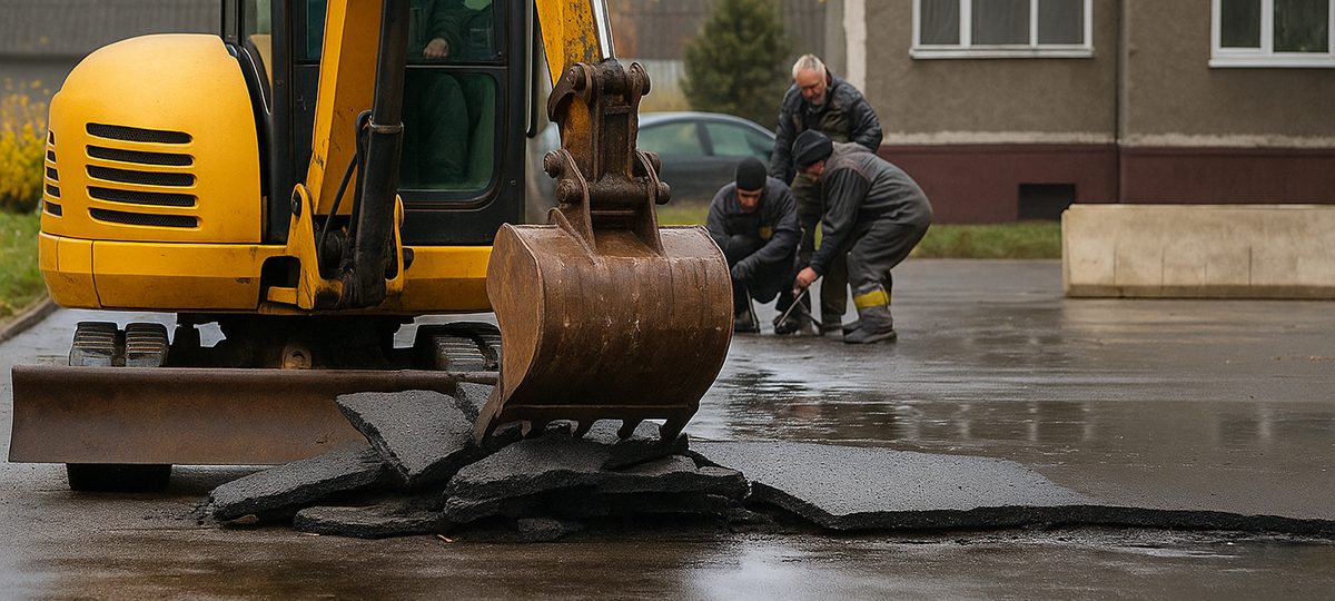 бульдозер здымае слой у асфальце