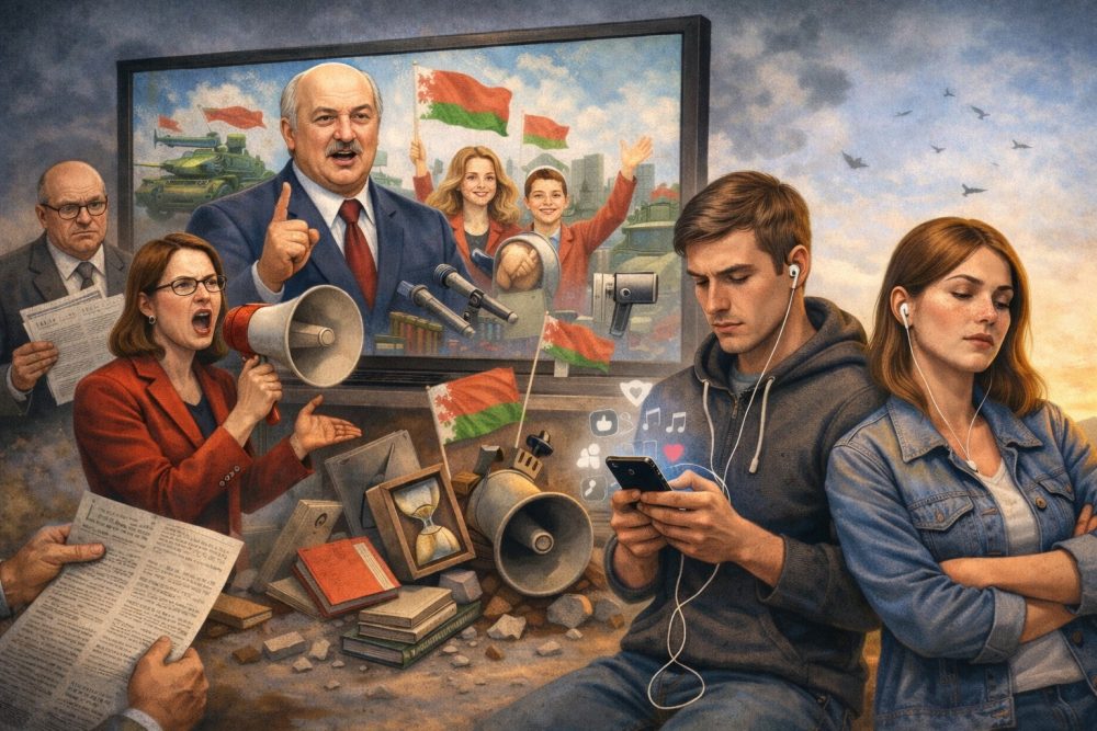 Пропагандистское выступление с мегафонами и символами власти на фоне людей, занятых своими делами и не вовлеченных в происходящее