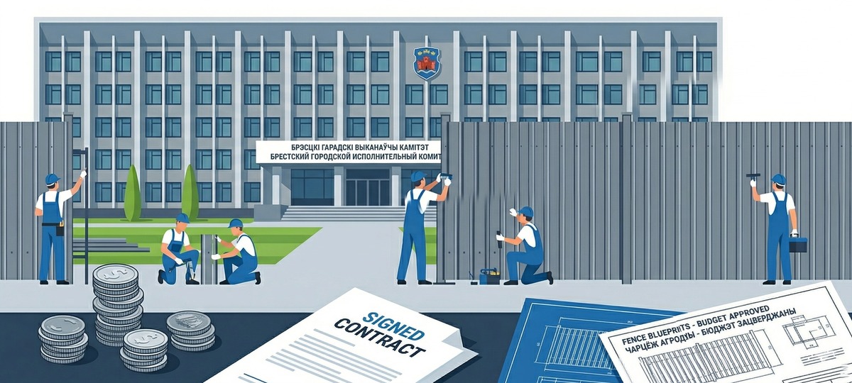 Ремонт забора в Брестском горисполкоме. Иллюстрация нарисована в Google Nano Banana 2